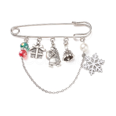 Christmas Gift Box & Snowflake & Santa Claus Charms Alloy Safety Pin Brooch JEWB-TA00001-1