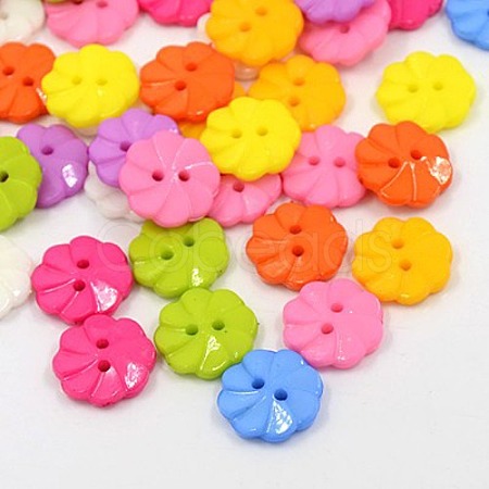 Mixed Color Flower Shape Dyed Acrylic 2-Hole Button Fit Handcraft & Costume Sewing X-BUTT-E007-B-M-1