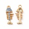 Rack Plating Eco-friendly Alloy Rhinestone Pendants, Fishbone Charm, Golden, Sapphire, 22x8.5x3.5mm, Hole: 2mm