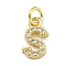 Initial Letter Brass with Cubic Zirconia Charms, Real 18K Gold Plated, Long-Lasting Plated, Lead Free & Cadmium Free, Letter S, 11x7.5x1.5mm, ring: 5x1mm, inner diameter: 3mm