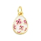 Rack Plating Brass Enamel Charms, with Jump Ring, Long-Lasting Plated, Cadmium Free & Lead Free, Teardrop with Flower Charm, Real 18K Gold Plated, Hot Pink, 14x9x1.5mm, Hole: 3mm