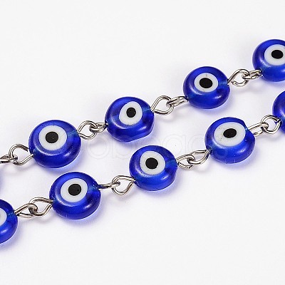 Handmade Lampwork Flat Round Evil Eye Beads Chains for Necklaces Bracelets Making AJEW-JB00110-03-1