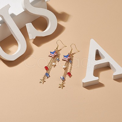 Independence Day Alloy Enamel Star Tassel Dangle Earrings EJEW-TA00188-1