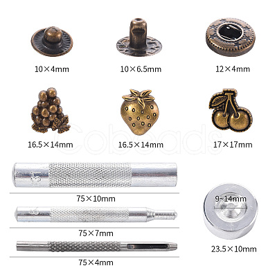 18 Sets Cherry & Grape & Strawberry Brass Leather Snap Buttons Fastener Kits SNAP-YW0001-06AB-1