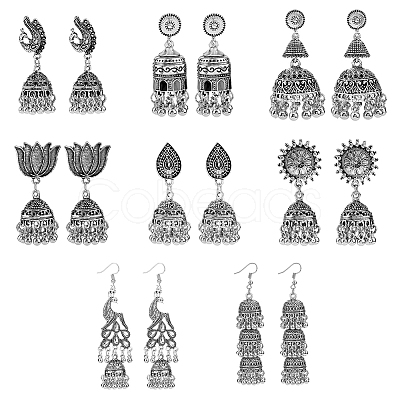 FIBLOOM 8 Pairs 8 Style Alloy Bell Chandelier Earrings Set EJEW-FI0002-93-1