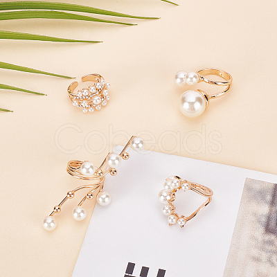 ANATTASOUL 4Pcs 4 Styles Plastic Imitation Pearl Beaded Open Cuff Ring RJEW-AN0001-18-1