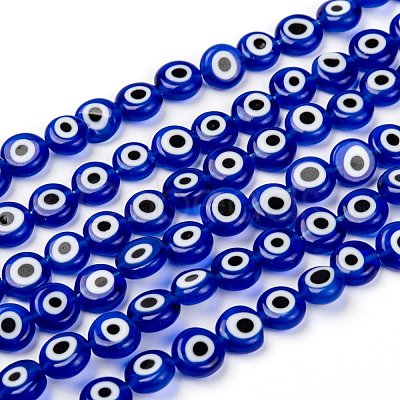 Handmade Evil Eye Lampwork Flat Round Bead Strands LAMP-L058-8mm-04-1