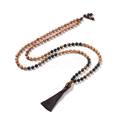 Wood & Tiger Eye Beads Wrap Necklaces NJEW-JN04135-1