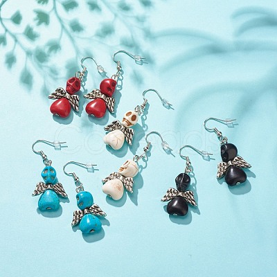 Synthetic Turquoise Skull with Wings Dangle Earrings EJEW-JE04944-1