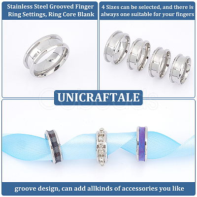 Unicraftale 16pcs 4 Size 201 Stainless Steel Grooved Finger Ring Settings STAS-UN0044-29-1