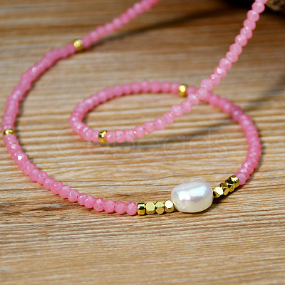 Sweet and Cool Summer Freshwater Pearl Necklaces Pink Glass Beaded Necklaces VX3518-1