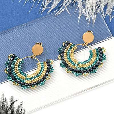 304 Stainless Steel & Bohemian Beaded Fan Dangle Stud Earrings for Women EJEW-R001-05G-01-1