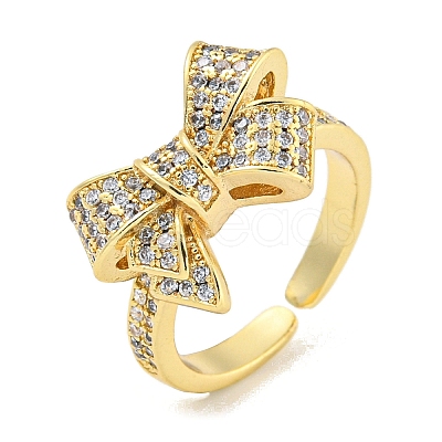 Brass Micro Pave Clear Cubic Zirconia Bowknot Open Cuff Ring for Women RJEW-M173-04B-G-1