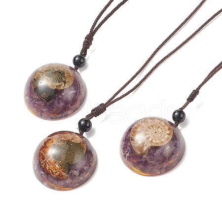 Natural Amethyst Half Round with Shell Pendant Necklace NJEW-C031-03C-1