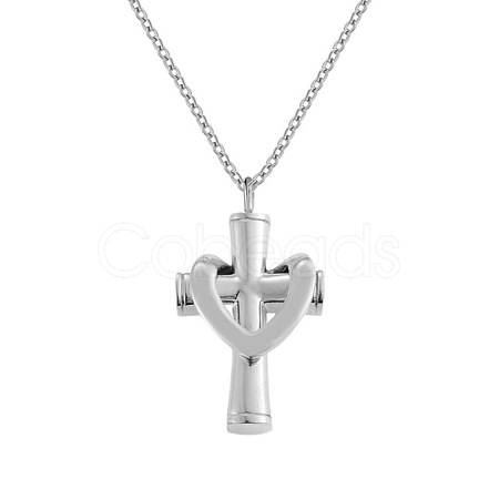 Stainless Steel Cross Cremation Urn Pendant Necklaces BOTT-PW0009-001P-1