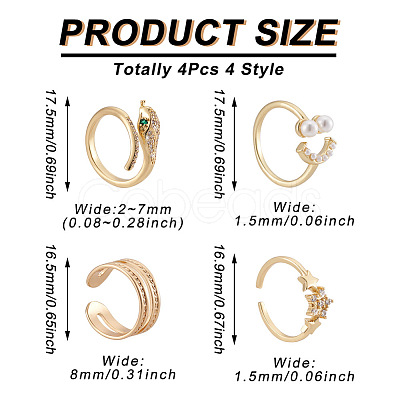 Cheriswelry 4Pcs 4 Style Snake & Smiling Face & Star Brass Cuff Rings for Her RJEW-CW0001-01-1