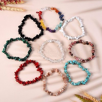 3 Sets 3 Styles Natural Citrine & Aventurine & Amethyst & Lapis Lazuli & Quartz Crystal & Amazonite & Sunstone & Howlite & Synthetic Coral & Malachite Chip Beaded Stretch Bracelets Sets BJEW-SZ0001-32-1