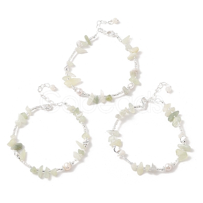 Natural Pearl & Natural Xiuyan Jade Chip Beaded Bracelets BJEW-C068-05S-1