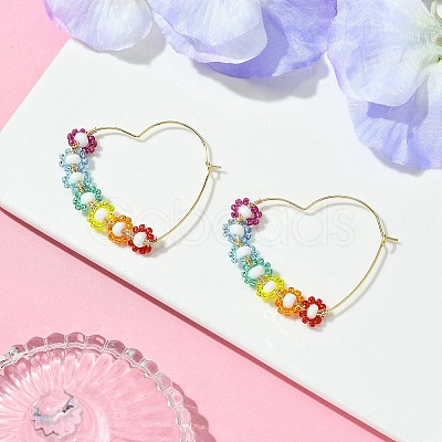 Heart Glass Seed with Brass Hoop Earrings EJEW-MZ00144-1