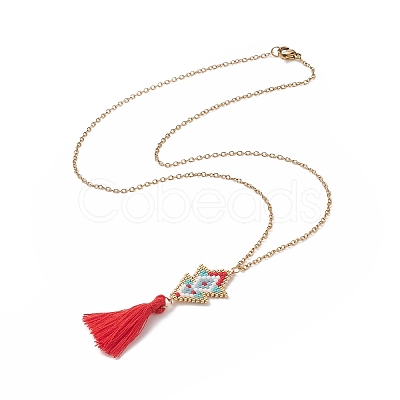 Glass Seed Braided Arrow with Tassel Pendant Necklace NJEW-MZ00010-1