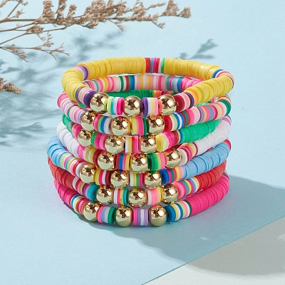 7Pcs Rainbow Polymer Clay Heishi Beads Stretch Bracelets Set BJEW-JB05889-1