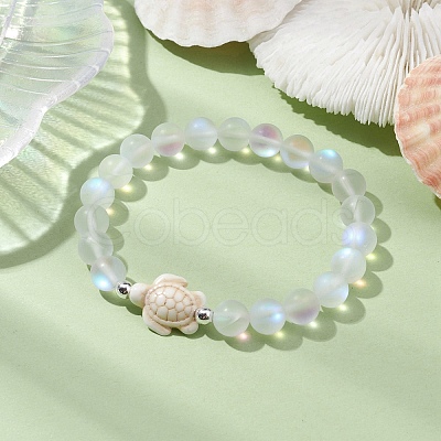 3Pcs Beach Dolphin & Turtle & Starfish Dyed Synthetic Turquoise Bead Bracelets BJEW-JB10251-1