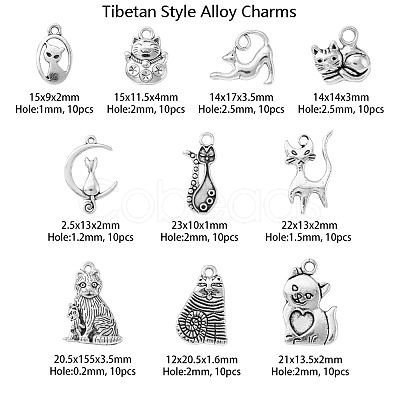 100Pcs 10 Styles Tibetan Style Alloy Kitten Pendants TIBEP-CJ0001-73-1