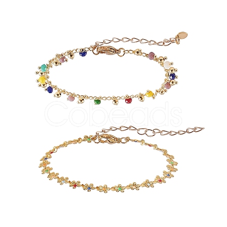 Brass Enamel Flower Link Chain Bracelets & Faceted Glass Charm Bracelets BJEW-SZ0001-016G-1