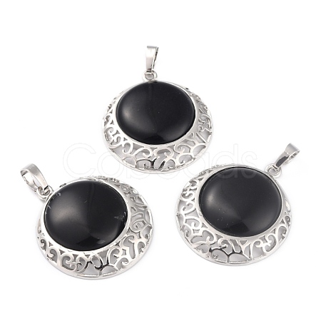 Natural Obsidian Pendants with Hollow Platinum Brass Findings G-P448-A12-P-1