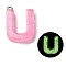 Luminous Resin Pendants, Glow in the Dark, with Platinum Plated Loop, Letter, Letter U, 21~24x5.5~28x5~5.5mm, Hole: 1.8mm