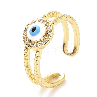 Enamel Evil Eye Open Cuff Ring with Clear Cubic Zirconia RJEW-A007-04LG-1