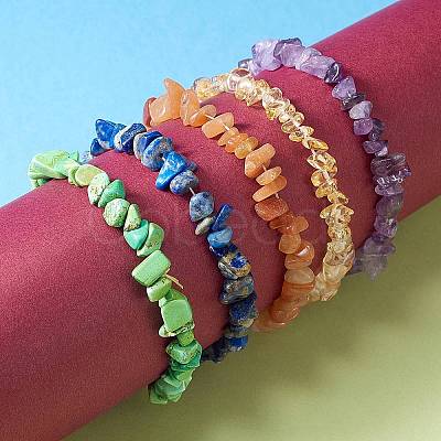 7Pcs 7 Colors Unisex Chip Natural & Synthetic Gemstone Beaded Stretch Bracelets BJEW-SZ0001-017-1