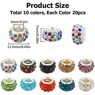 SUNNYCLUE 200Pcs 10 Colors Polymer Clay Rhinestone European Large Hole Beads with Silver Plated Brass Cores FPDL-SC0001-01-1