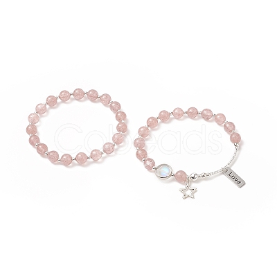 2Pcs 2 Style Natural Strawberry Quartz & Synthetic Moonstone Beaded Stretch Bracelets Set BJEW-TA00240-1