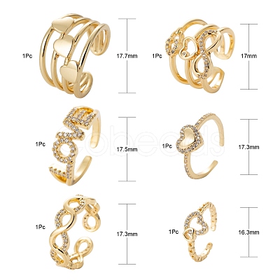 6Pcs 6 Styles Brass Micro Pave Clear Cubic Zirconia Cuff Rings RJEW-LS0001-45G-1