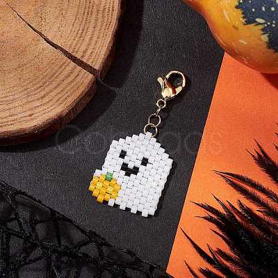 Halloween Ghost Glass Seed Pendant Decoration HJEW-JM02106-1