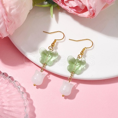 Butterfly Transparent Glass with Natural White Jade Dangle Earrings EJEW-JE05804-02-1