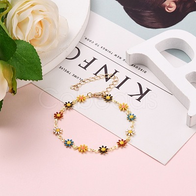 Golden Brass Flower Enamel Links Bracelets BJEW-JB05664-01-1