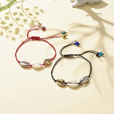 2Pcs 2 Color Acrylic & Alloy Shell Braided Bead Bracelets Set with Lampwork Evil Eye BJEW-JB08131-1