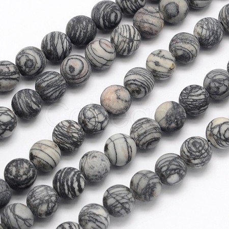 Frosted Round Natural Black Polychrome Jasper/Picasso Stone/Picasso Jasper Beads Strands G-N0166-44-10mm-1