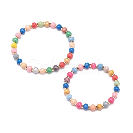 2Pcs 2 Size Natural Wood Round Beaded Stretch Bracelets Set for Kid and Parent BJEW-JB08568-1