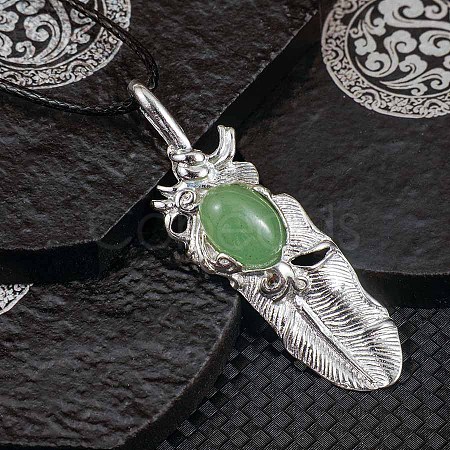 Vintage Natural Green Aventurine Alloy Feather Pendant Necklace for Women Men AO2435-5-1