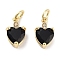 Brass Micro Pave Cubic Zirconia Charms, with Jump Ring, Heart, Real 18K Gold Plated, Black, 13x7.5x5mm, Hole: 3mm