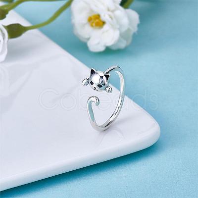 Anti-Tarnish Rhodium Plated 925 Sterling Silver Cute Cat Ring Adjustable Half Open Ring Platinum Plated Ring Zircon Finger Ring Lovely Animal Jewelry Gift for Women JR952A-1