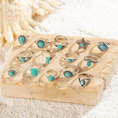 14Pcs 14 Styles Synthetic Turquoise Finger Rings PW-WG86BD8-01-1