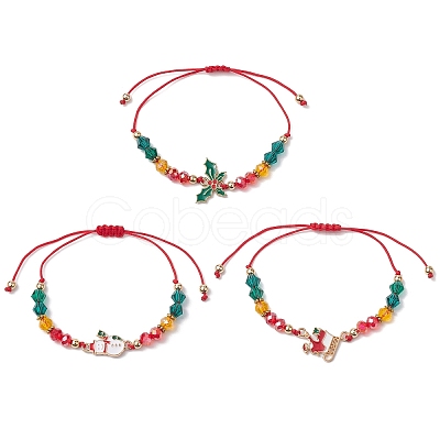 3Pcs 3 Styles Christmas Glass Braided Bead Bracelet Sets BJEW-JB10892-1