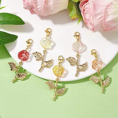 5Pcs 5 Colors Rose Glass Pendant Decorations HJEW-JM01915-1