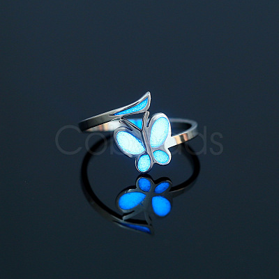 Glow in the Dark Luminous Stainless Steel Butterfly Finger Ring PW-WG57071-01-1