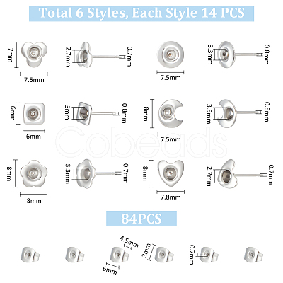 Unicraftale 84Pcs 6 Style 201 Stainless Steel Stud Earring Findings STAS-UN0057-42-1