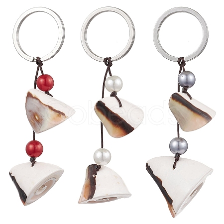 3Pcs Natural Shiva Eye Shell & Acrylic Imitation Pearl Pendant Keychain KEYC-JKC00990-1